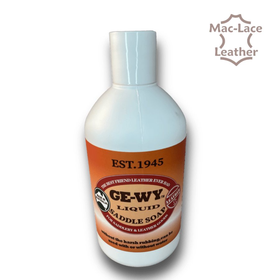Introducing GE-WY Liquid Saddle Soap 500ml, the perfect solution for cleaning and conditioning your leather goods. Made with care in Australia, this high-quality liquid saddle soap is designed to effectively remove dirt, grime, and stains while nourishing and maintaining the natural beauty of your leather items. GE-WY Liquid Saddle Soap is expertly crafted with a gentle yet powerful formula that cleans and conditions all types of leather. Whether it's your favourite saddle, boots, handbag, or furniture, this versatile soap can handle it all. It effortlessly lifts away dirt and debris, leaving your leather looking clean, refreshed, and rejuvenated.