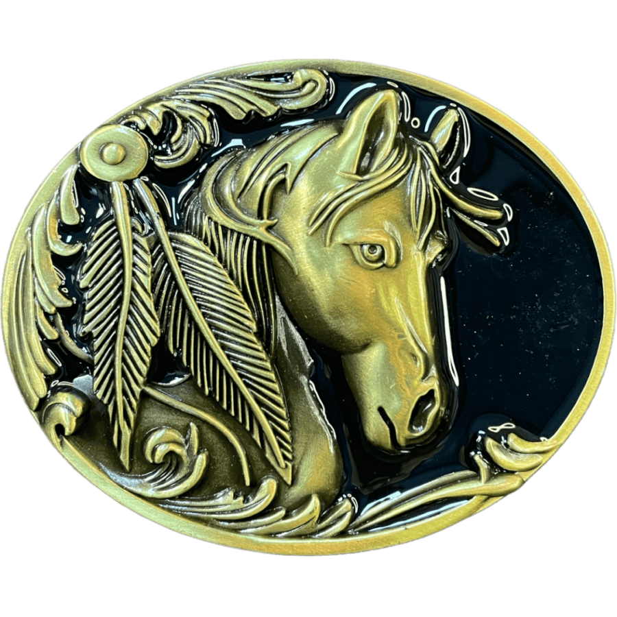 Trophy Buckle Brass Horse Head Feather