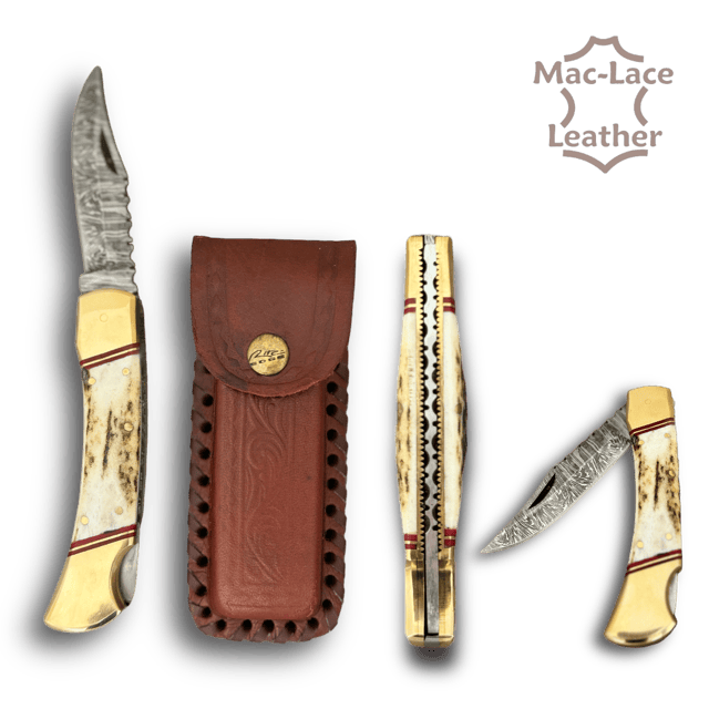 Damascus Folding Stag Handle with Leather Sheath